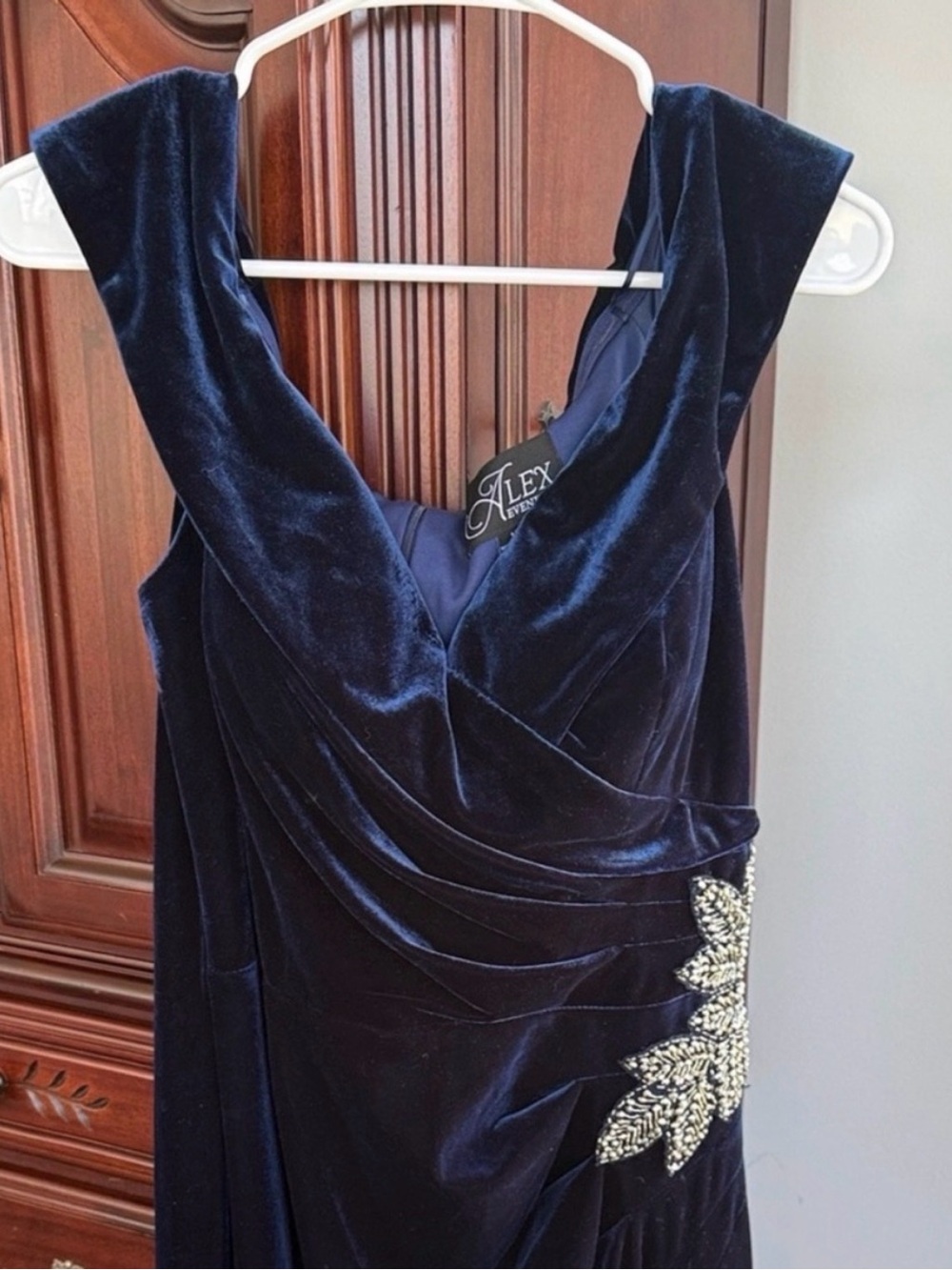 Alex Evenings Navy Velvet Beaded Ruched Formal Gown Dress 14 - Picture 1 of 3